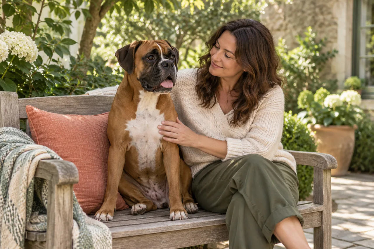 An owner sitting on a garden bench beside a brown dog